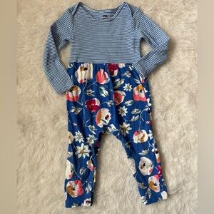 Tea Collection Blue and White Romper with Stripes and Spring Floral Patterns